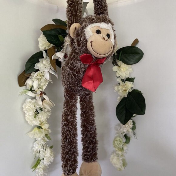 Vintage Pier One 1‎ Imports Brown Hanging Monkey Plush Poseable Animal 26" Bow - Picture 10 of 16